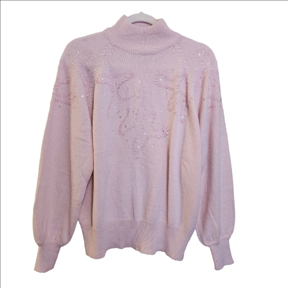 BEAUTIFUL VINTAGE PERSUASION MOCK NECK BEADED PINK SWEATER - LARGE - LOOKS NEW